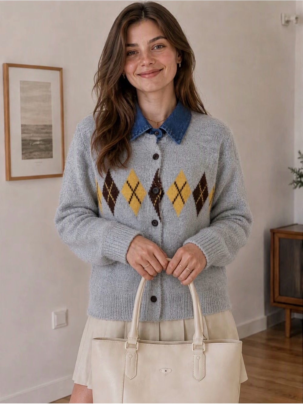 Classy Light Gray Argyle Button-Up Sweater Cardigan Denim Collar New - Picture 2 of 6